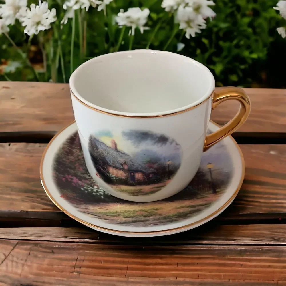 Thomas Kinkade Moonlight Cottage Tea Cup Saucer‎ Vase Teleflora Gold Trim Set